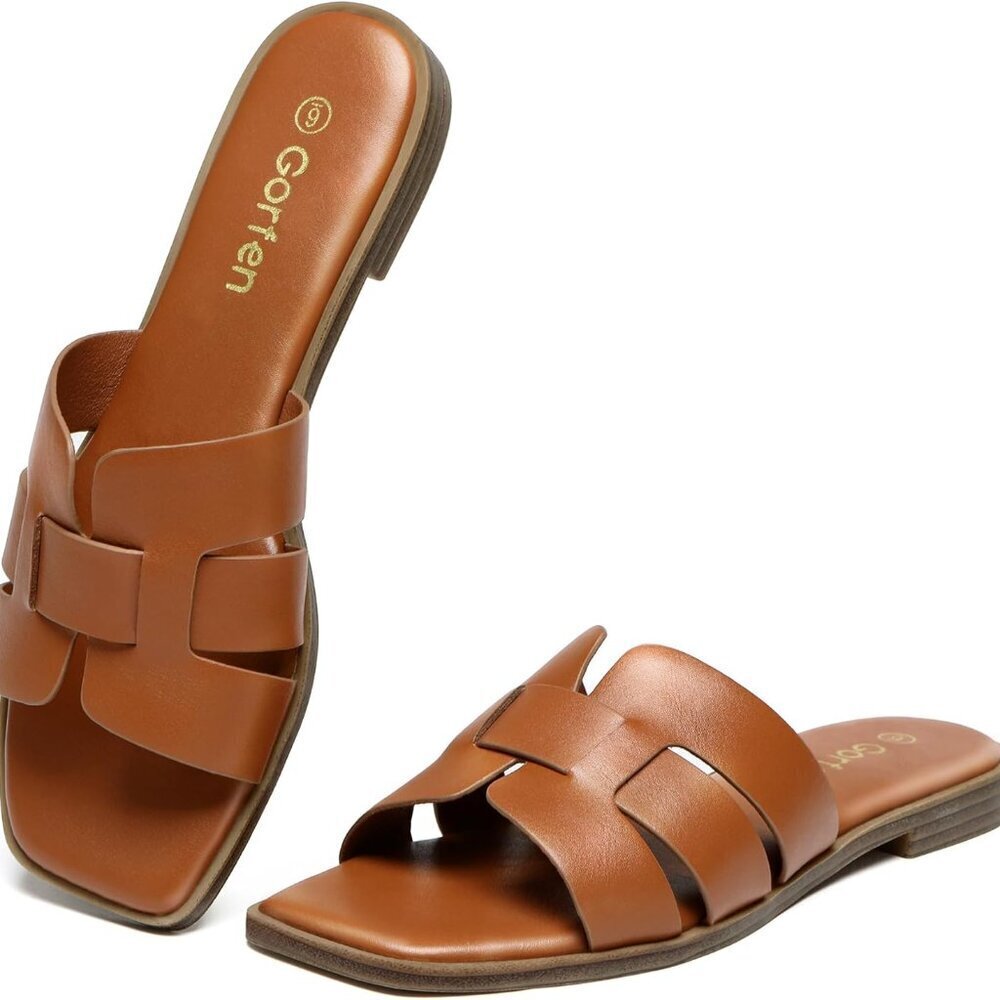 Women's Leather Flat Sandals Waterproof Open Toe Slip On Summer Casual